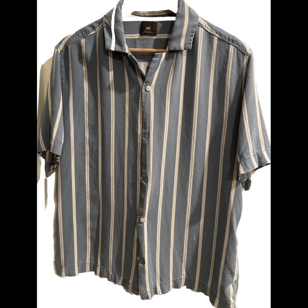 H&M Retro Viscose Vertical Striped Button Up Shirt Mens Regular Fit Large
